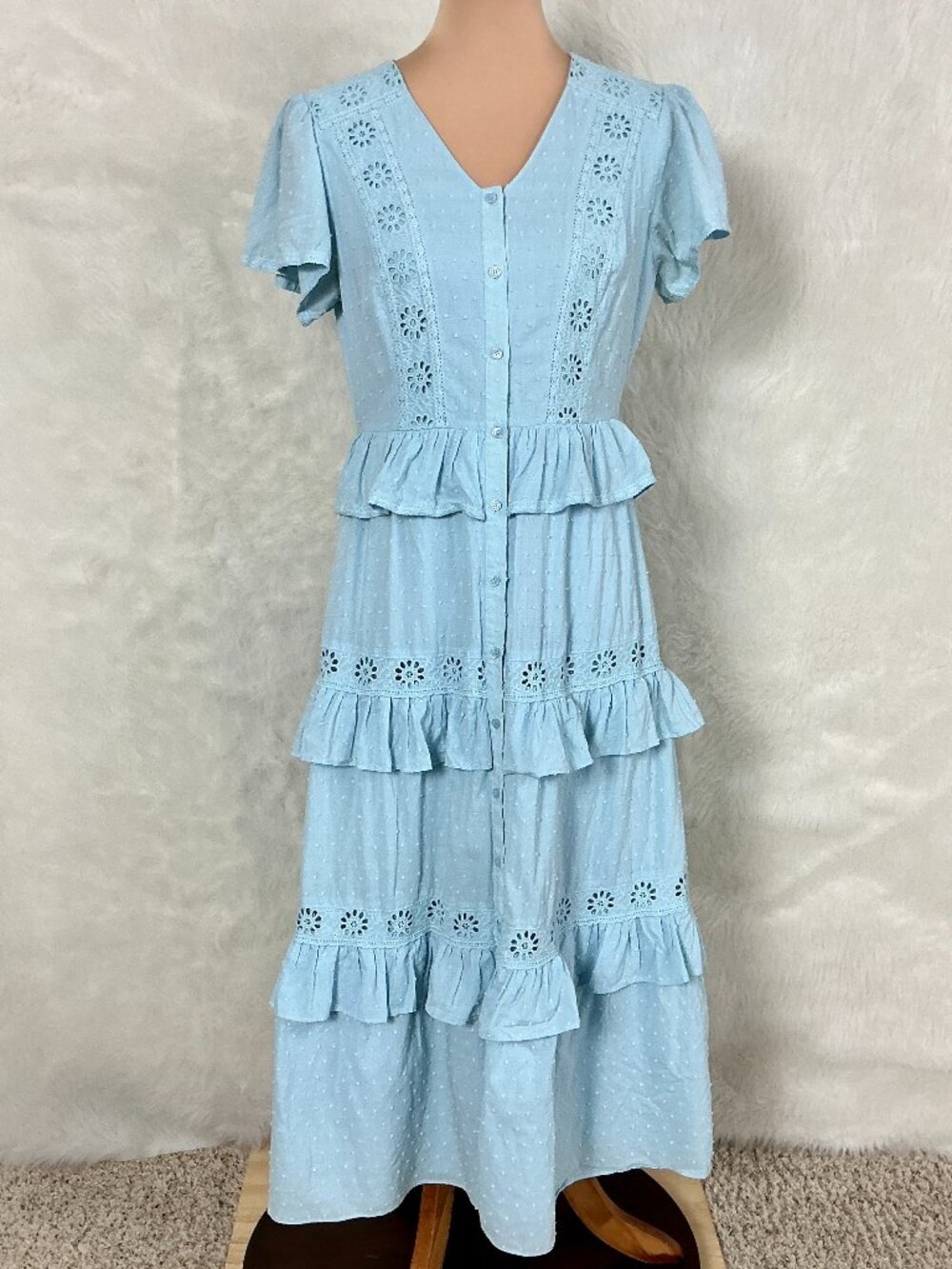 Rachel Parcell Blue Ruffle Tiered Swiss Dot Floral Eyelet Lace Midi Dress S